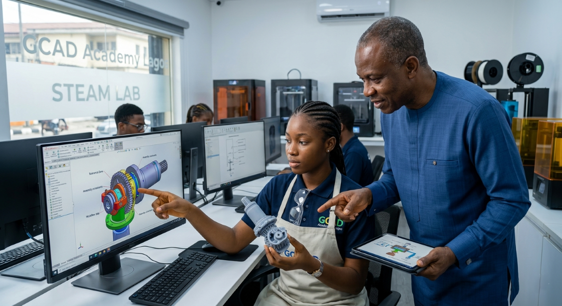 The Tool is Only as Good as the Workflow - A Nigerian engineering student at GCAD Academy comparing a digital CAD model with a physical 3D-printed prototype to master product development.